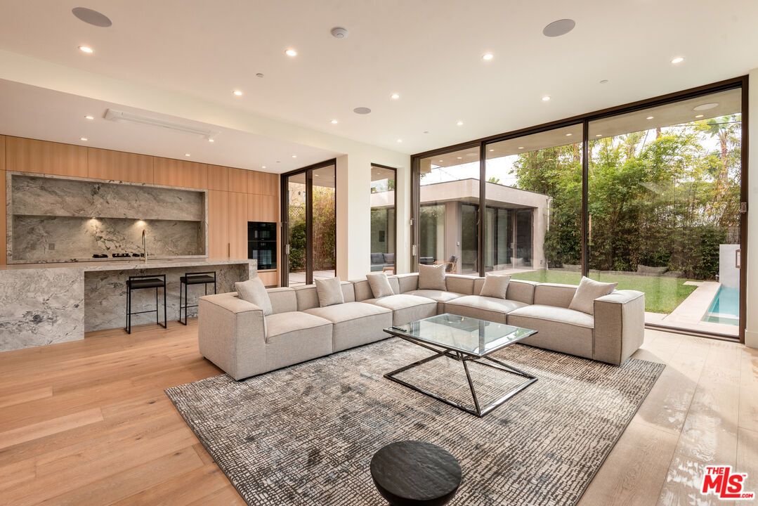 Interior, Kitchen, Living room, Marble Walls, Recessed Lighting, Wood Texture Flooring, Wooden Walls