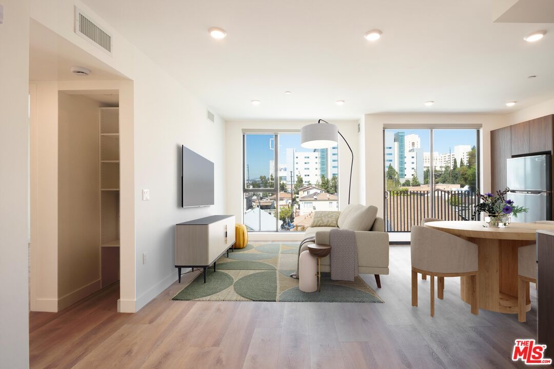 Dining room, Interior, Living room, Recessed Lighting, Wood Texture Flooring