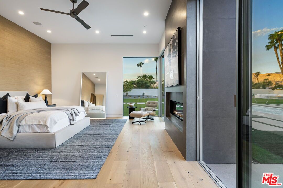 Bedroom, Fireplace, Interior, Recessed Lighting, Wood Texture Flooring