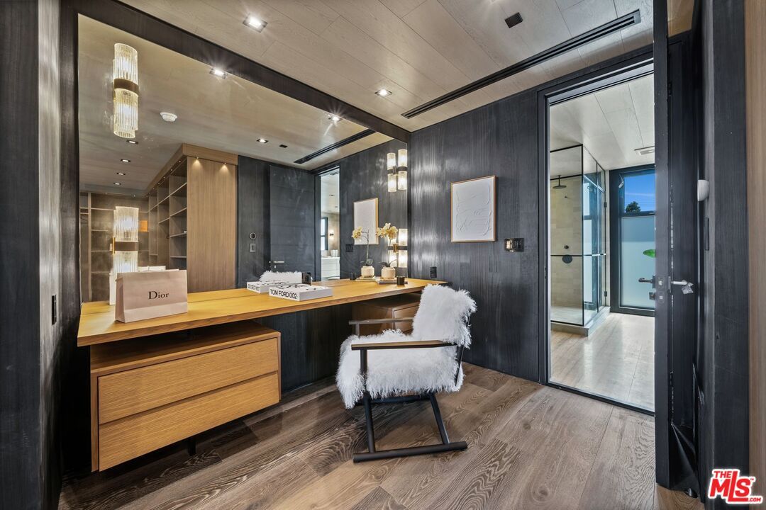 Home Office, Interior, Recessed Lighting, Wood Texture Flooring, Wooden Walls