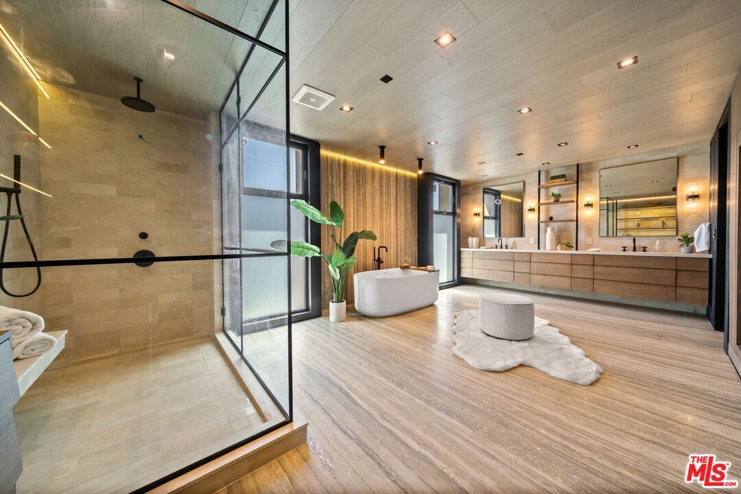 Bathroom, Free Standing Baths, Glass Shower, Interior, Recessed Lighting, Wood Texture Flooring, Wooden Walls