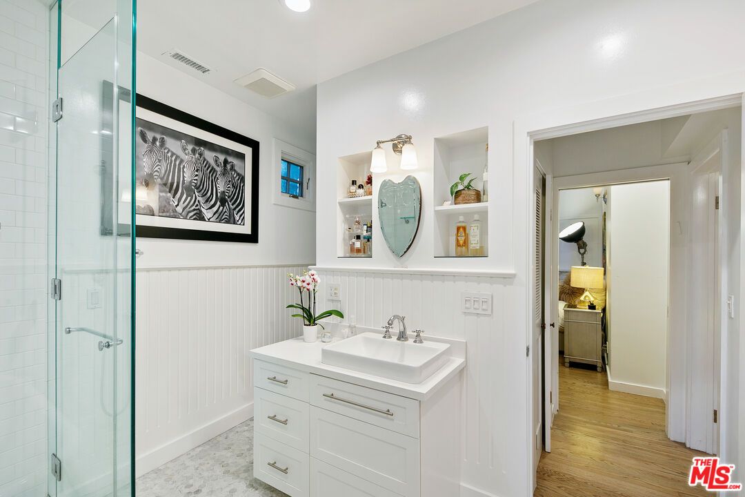 Bathroom, Glass Shower, Interior, Recessed Lighting, Wood Texture Flooring