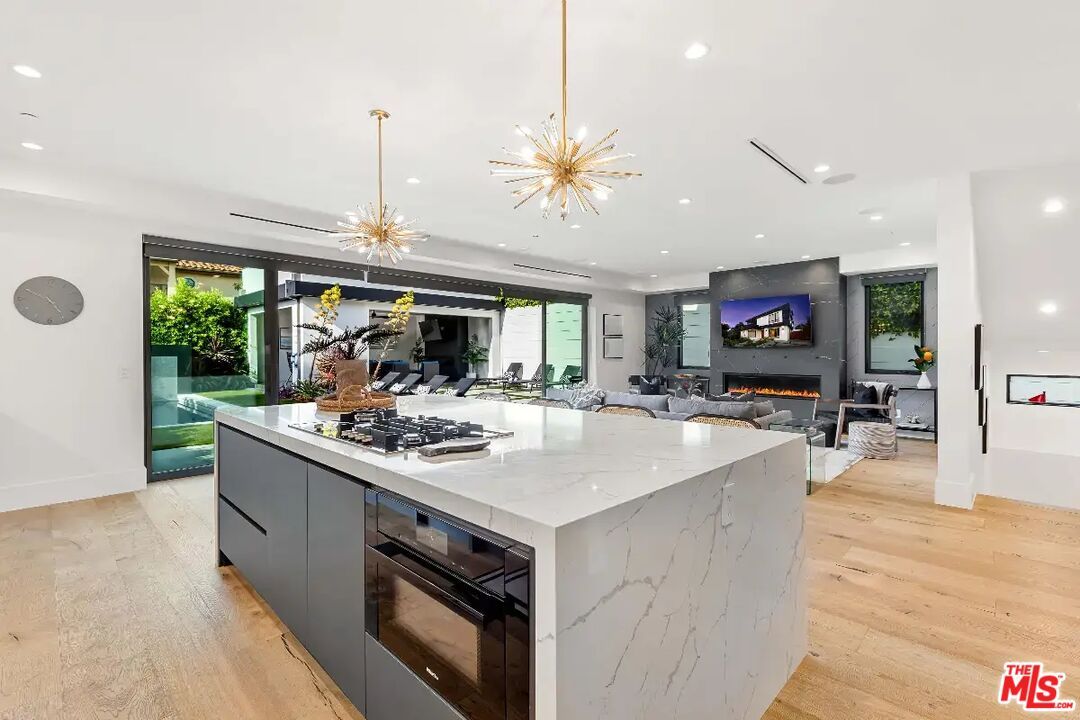 Fireplace, Interior, Kitchen, Living room, Pendant Lights, Recessed Lighting, Stainless Steel Appliances, Wood Texture Flooring