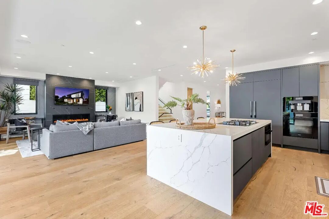 Fireplace, Interior, Kitchen, Living room, Pendant Lights, Recessed Lighting, Wood Texture Flooring