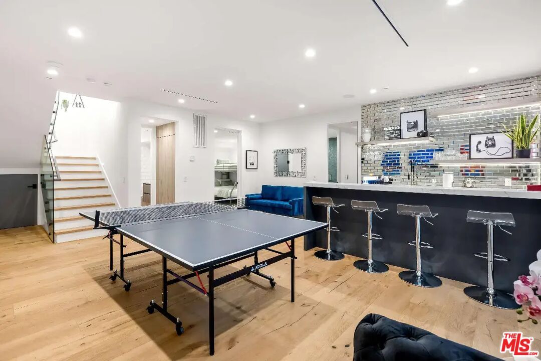 Game Room, Interior, Recessed Lighting, Stone Walls, Wood Texture Flooring