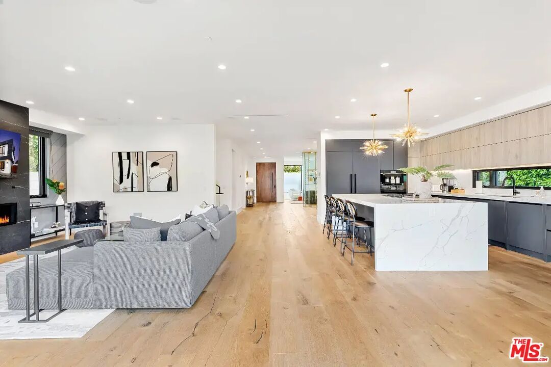 Fireplace, Interior, Kitchen, Living room, Pendant Lights, Recessed Lighting, Wood Texture Flooring