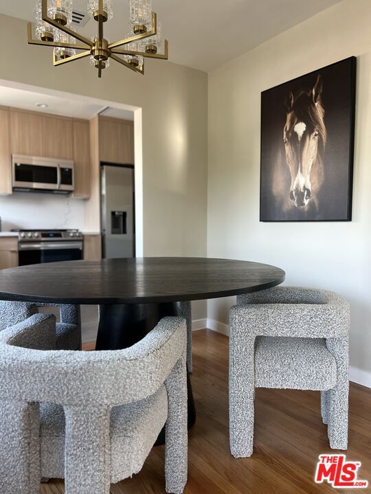 Chandelier, Interior, Kitchen, Stainless Steel Appliances, Wood Texture Flooring