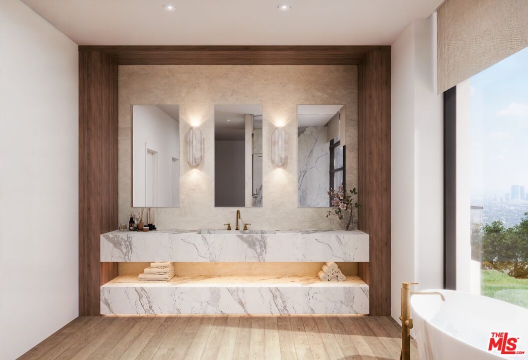 Bathroom, Interior, Marble Walls, Recessed Lighting, Wood Texture Flooring