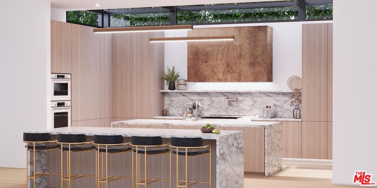 Interior, Kitchen, Marble Walls, Recessed Lighting, Stainless Steel Appliances, Wood Texture Flooring