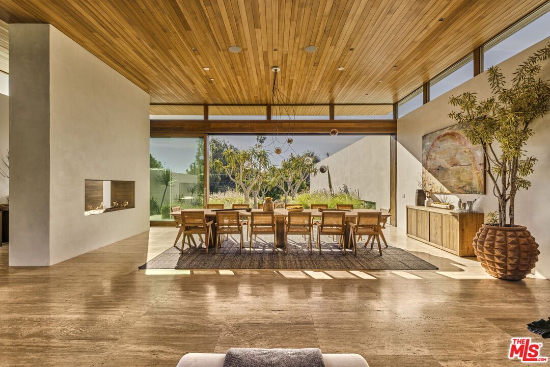 Dining room, Fireplace, Interior, Pendant Lights, Recessed Lighting, Wooden Ceilings, Wood Texture Flooring