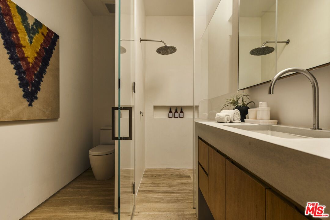 Bathroom, Glass Shower, Interior, Wood Texture Flooring