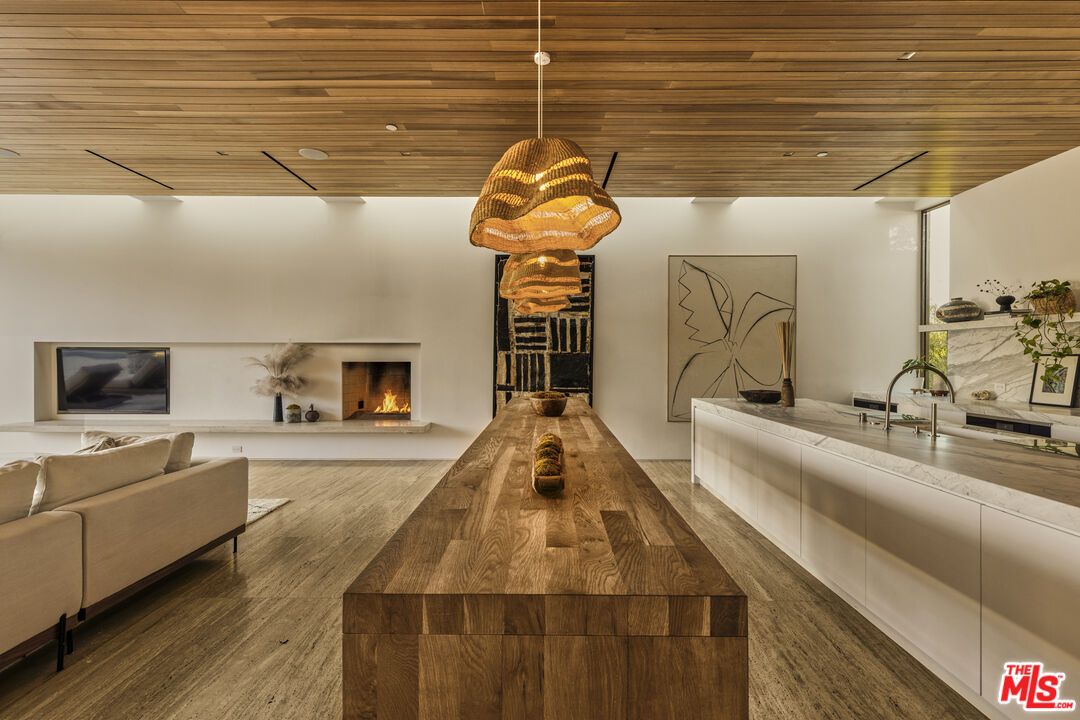 Fireplace, Interior, Kitchen, Living room, Pendant Lights, Recessed Lighting, Wooden Ceilings, Wood Texture Flooring
