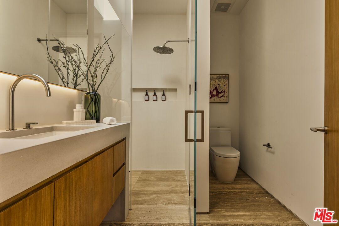 Bathroom, Glass Shower, Interior, Wood Texture Flooring