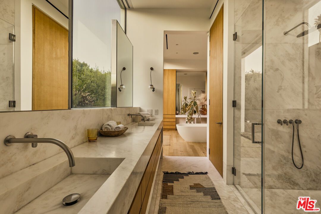 Bathroom, Dual Sink Vanities, Glass Shower, Interior, Recessed Lighting, Wood Texture Flooring