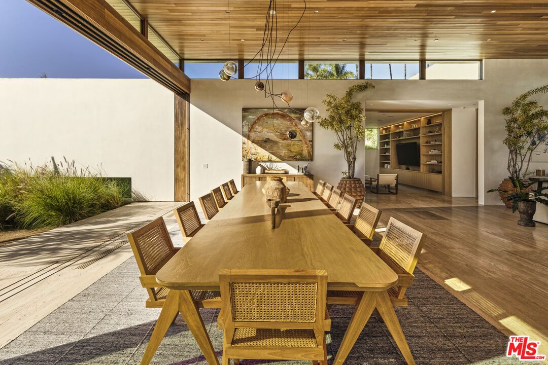 Dining room, Exterior, Pendant Lights, Wood Texture Flooring