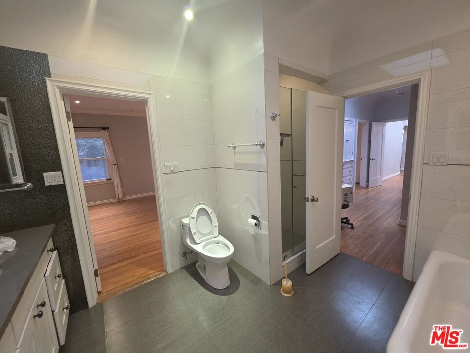 Bathroom, Glass Shower, Interior, Recessed Lighting, Wood Texture Flooring