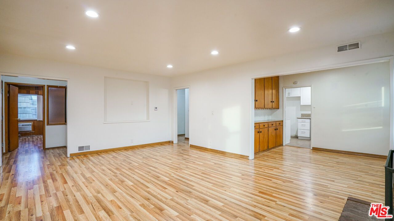 Empty room, Interior, Kitchen, Recessed Lighting, Wood Texture Flooring