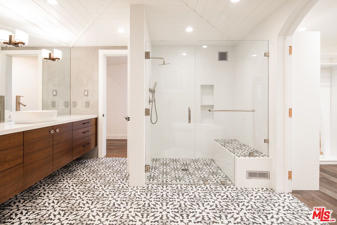 Bathroom, Dual Sink Vanities, Glass Shower, Interior, Recessed Lighting, Wood Texture Flooring