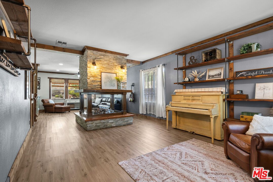 Interior, Piano, Recessed Lighting, Stone Walls, Wooden Beams, Wood Texture Flooring