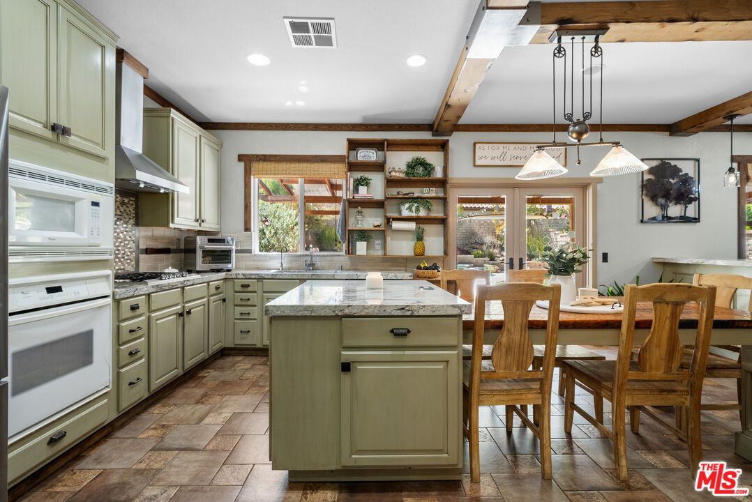 Dining room, Interior, Kitchen, Pendant Lights, Recessed Lighting, Stainless Steel Appliances, Wooden Beams