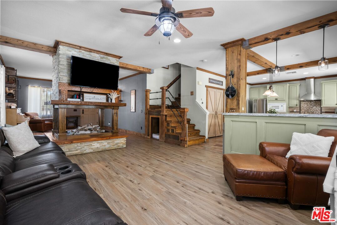 Interior, Kitchen, Living room, Pendant Lights, Recessed Lighting, Stainless Steel Appliances, Wooden Beams, Wood Texture Flooring