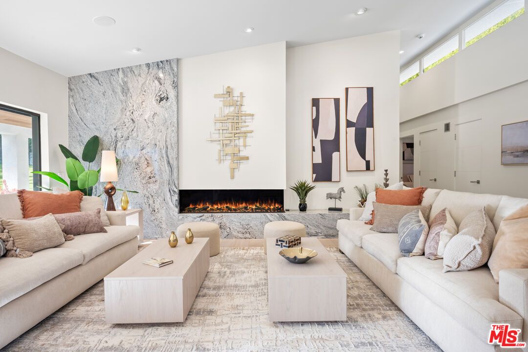 Fireplace, Interior, Living room, Marble Walls, Recessed Lighting