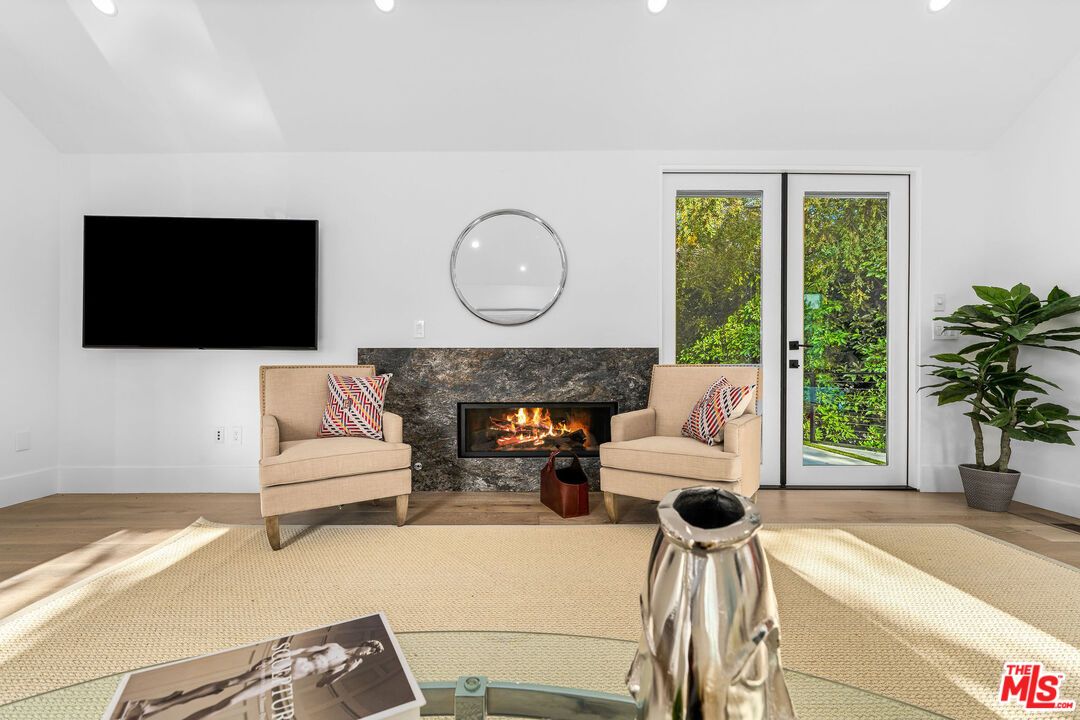 Fireplace, Interior, Living room, Recessed Lighting, Wood Texture Flooring