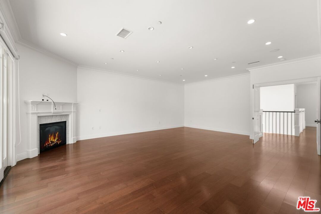 Empty room, Fireplace, Interior, Recessed Lighting, Wood Texture Flooring