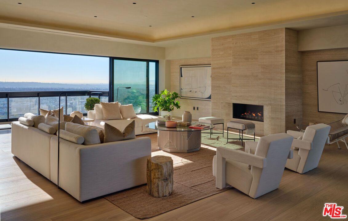 Fireplace, Interior, Living room, Recessed Lighting, Water, Wood Texture Flooring