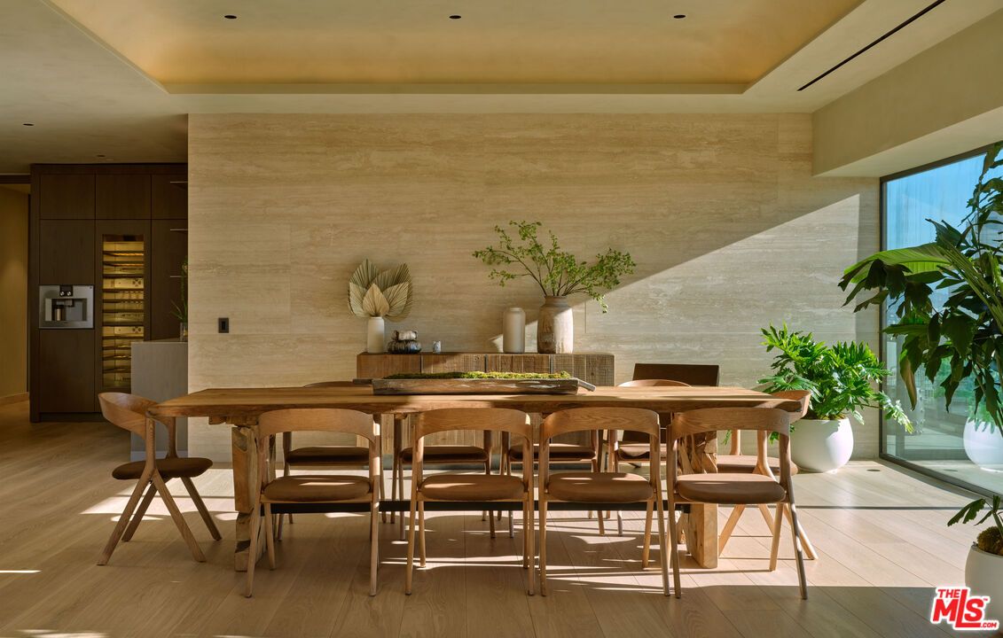 Dining room, Interior, Recessed Lighting, Stone Walls, Wood Texture Flooring