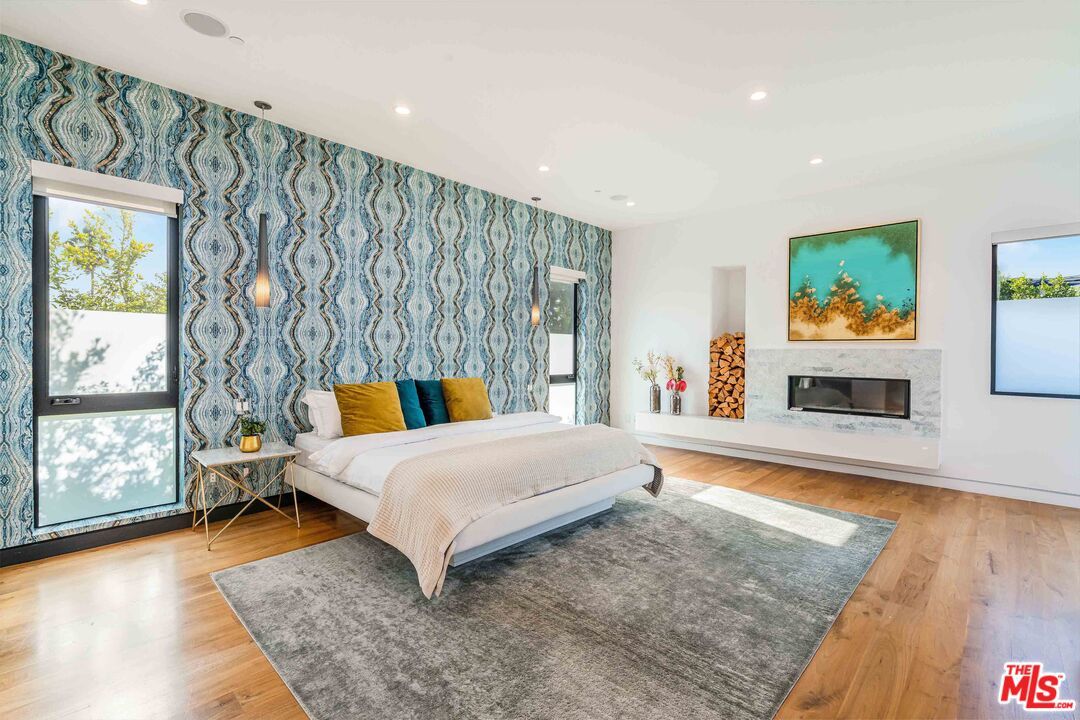 Bedroom, Fireplace, Interior, Recessed Lighting, Wood Texture Flooring