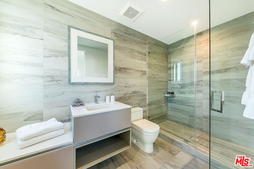 Bathroom, Glass Shower, Interior, Recessed Lighting, Wood Texture Flooring