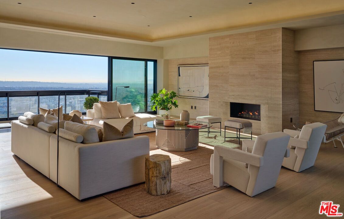 Fireplace, Interior, Living room, Recessed Lighting, Water, Wood Texture Flooring