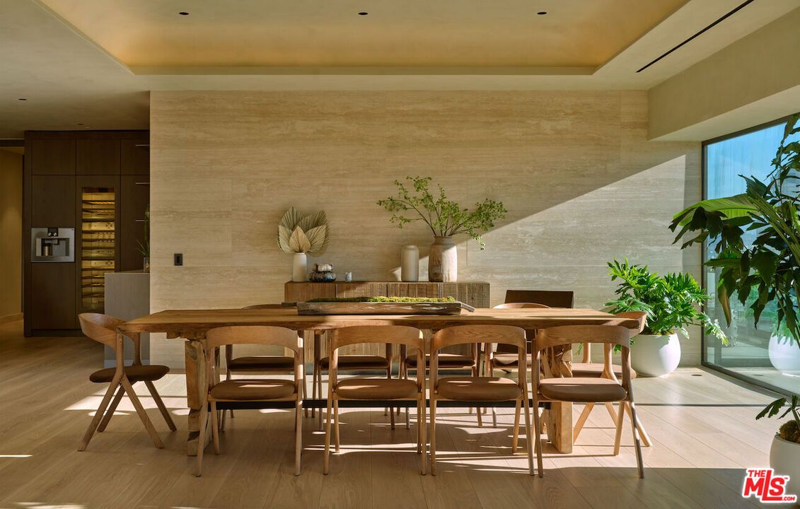 Dining room, Interior, Recessed Lighting, Stone Walls, Wood Texture Flooring