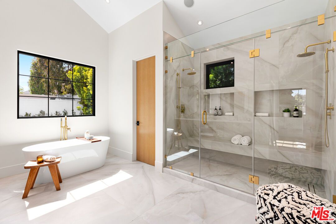 Bathroom, Free Standing Baths, Glass Shower, Interior, Marble, Marble Walls, Recessed Lighting