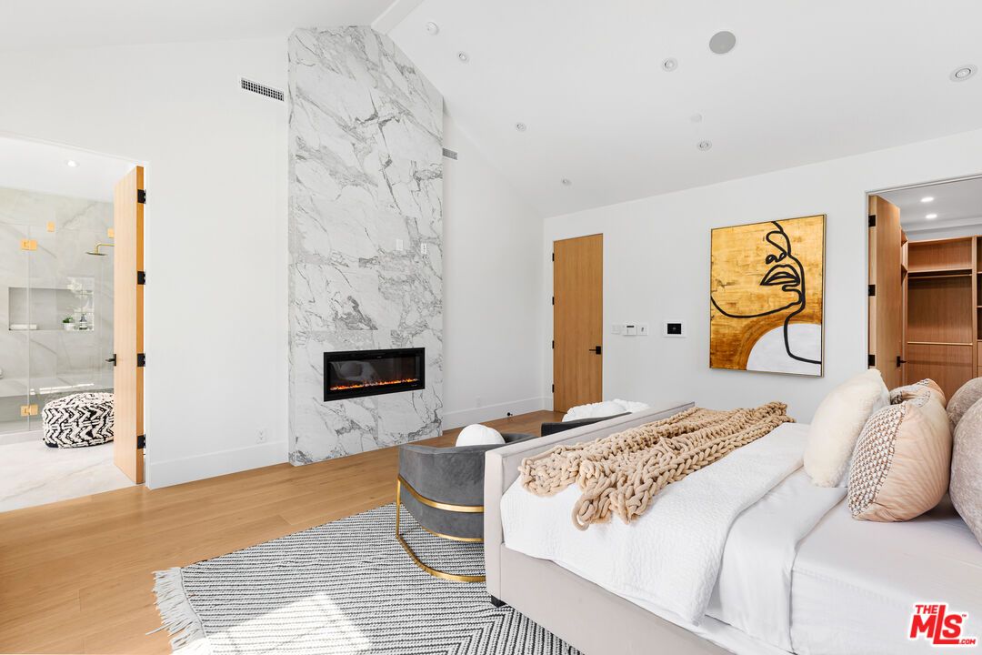 Bedroom, Fireplace, Interior, Marble Walls, Recessed Lighting, Wood Texture Flooring