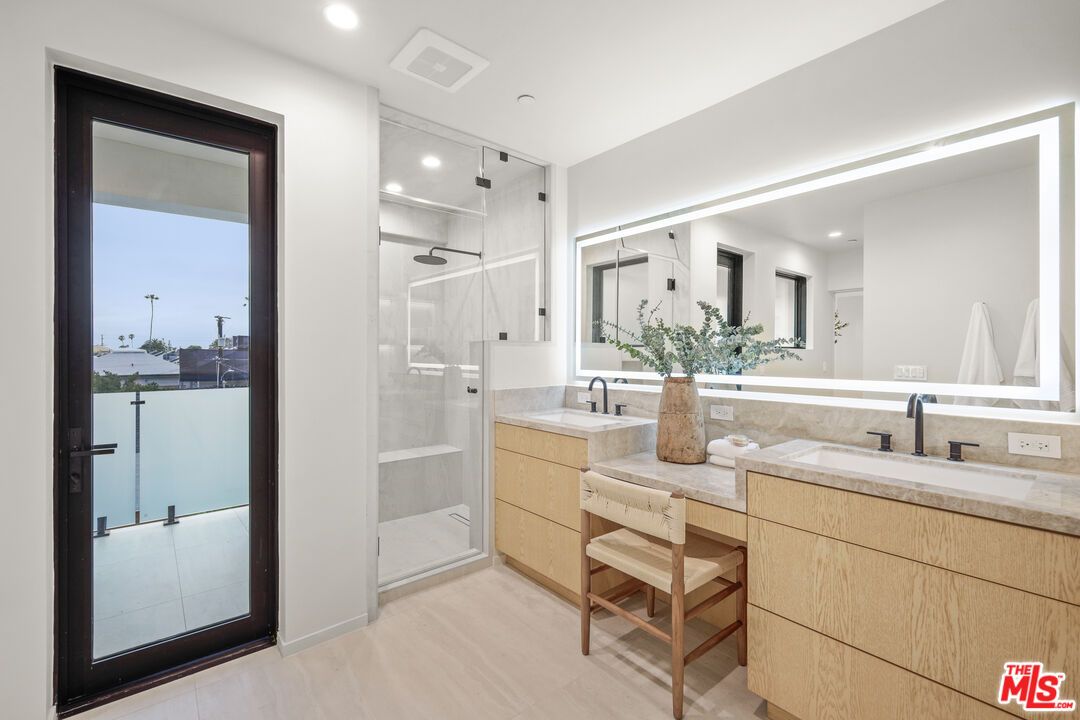 Bathroom, Dual Sink Vanities, Glass Shower, Interior, Recessed Lighting, Wood Texture Flooring