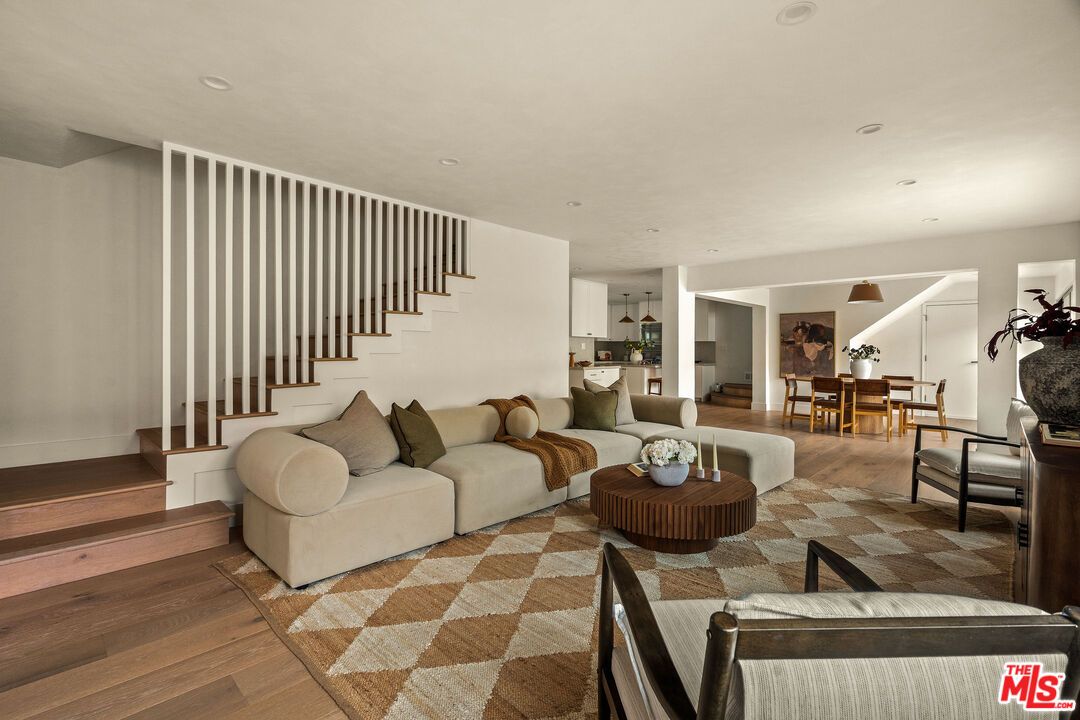 Dining room, Interior, Living room, Recessed Lighting, Wood Texture Flooring