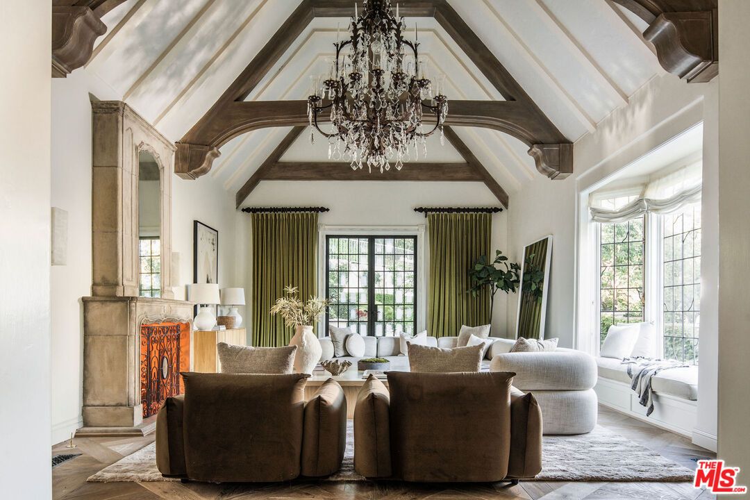 Chandelier, Interior, Living room, Wooden Beams, Wood Texture Flooring