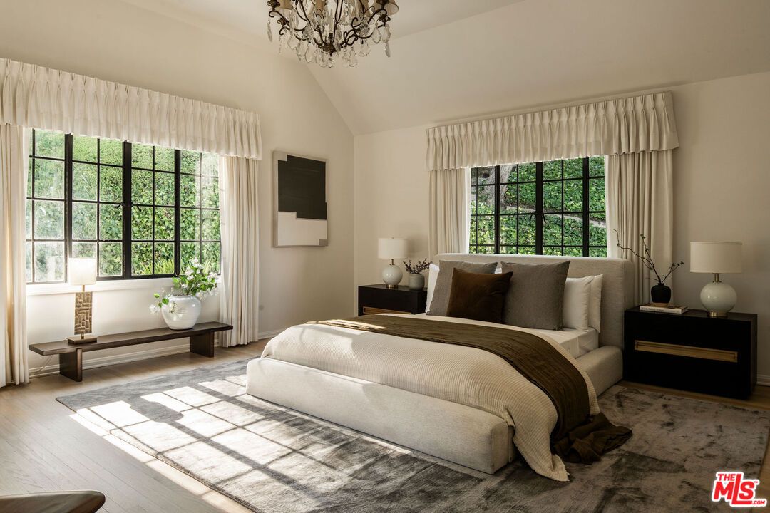 Bedroom, Chandelier, Interior, Wood Texture Flooring