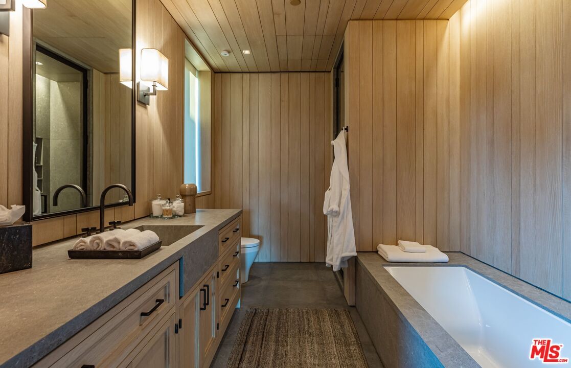 Bathroom, Dual Sink Vanities, Interior, Recessed Lighting, Wooden Ceilings, Wooden Walls