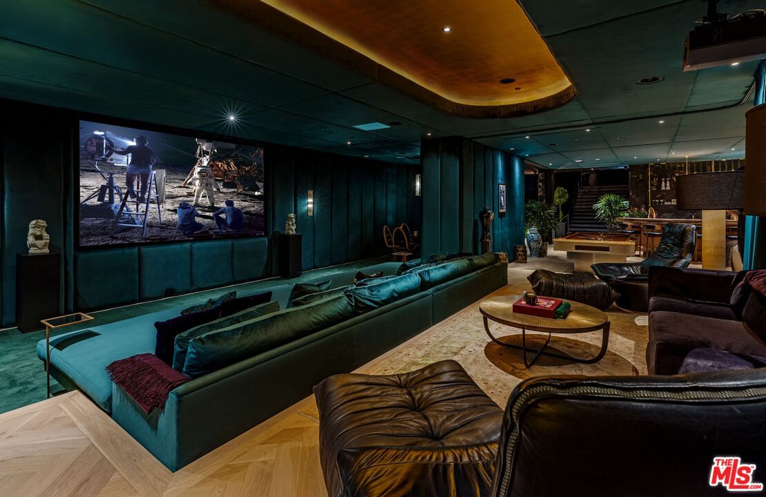 Interior, Projection Screen, Recessed Lighting, Theatre Room, Wood Texture Flooring