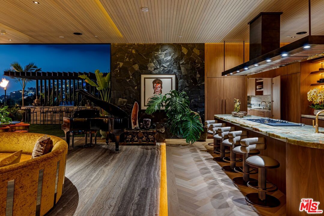 Interior, Kitchen, Living room, Piano, Recessed Lighting, Wooden Ceilings, Wood Texture Flooring