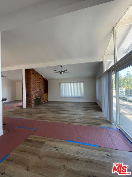 Empty room, Fireplace, Interior, Stone Walls, Wood Texture Flooring