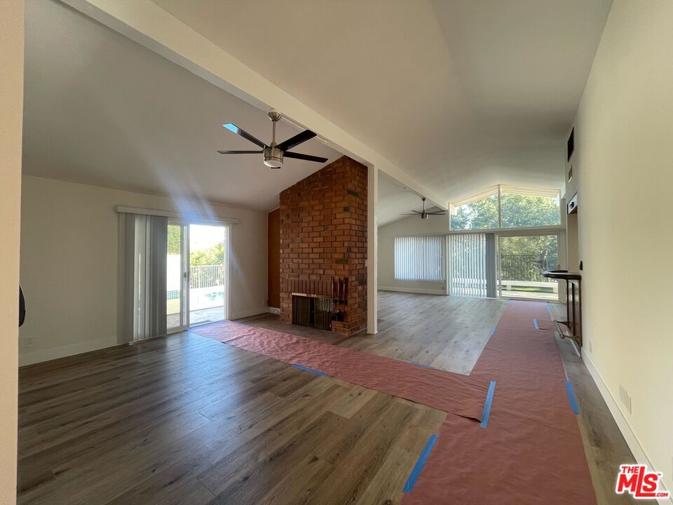 Empty room, Fireplace, Interior, Stone Walls, Wood Texture Flooring
