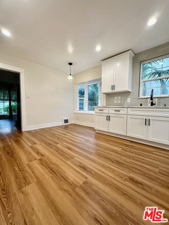 Empty room, Interior, Kitchen, Pendant Lights, Recessed Lighting, Wood Texture Flooring