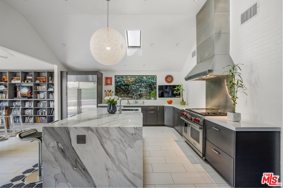 Interior, Kitchen, Marble, Marble Walls, Pendant Lights, Stainless Steel Appliances