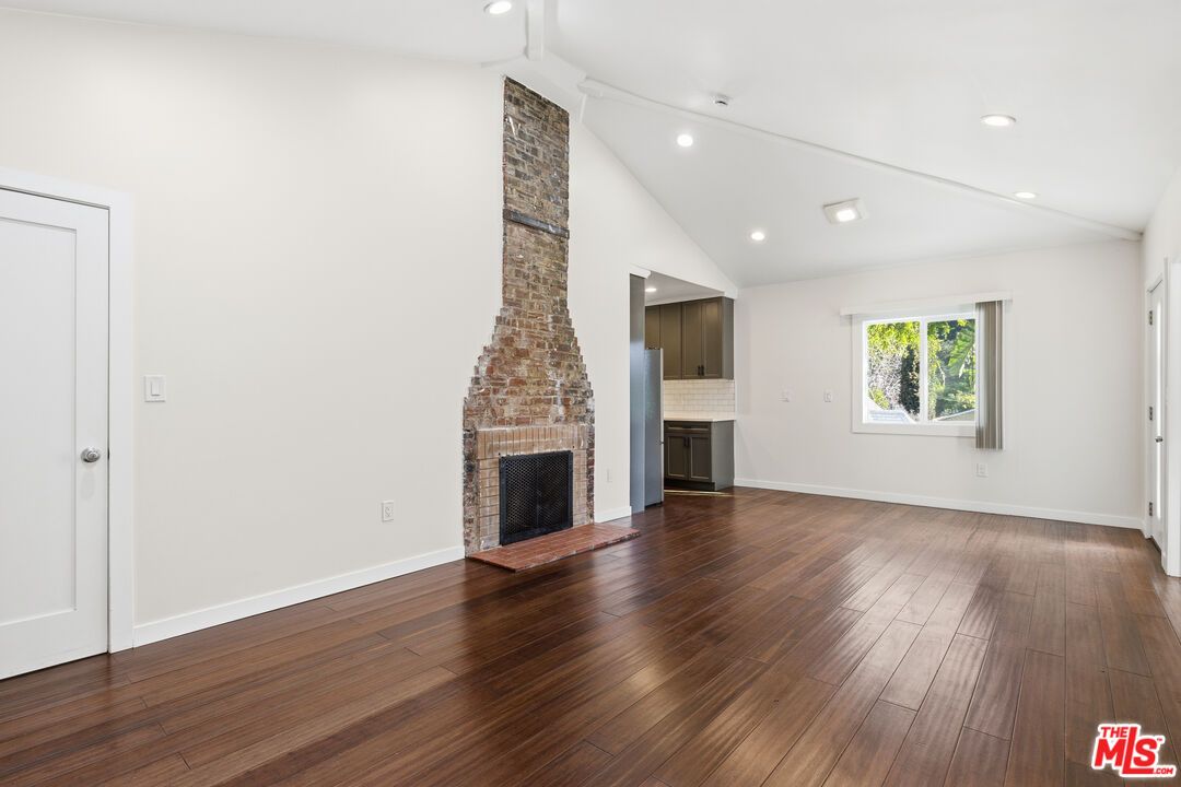 Empty room, Fireplace, Interior, Recessed Lighting, Wood Texture Flooring