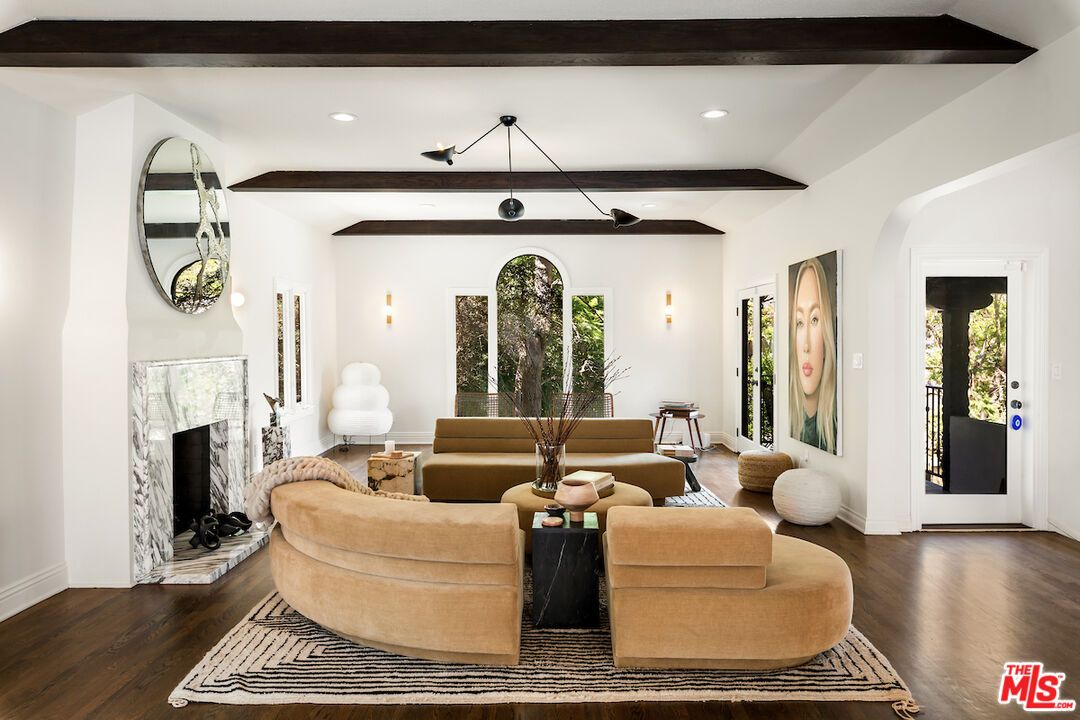 Fireplace, Interior, Living room, Pendant Lights, Recessed Lighting, Wooden Beams, Wood Texture Flooring