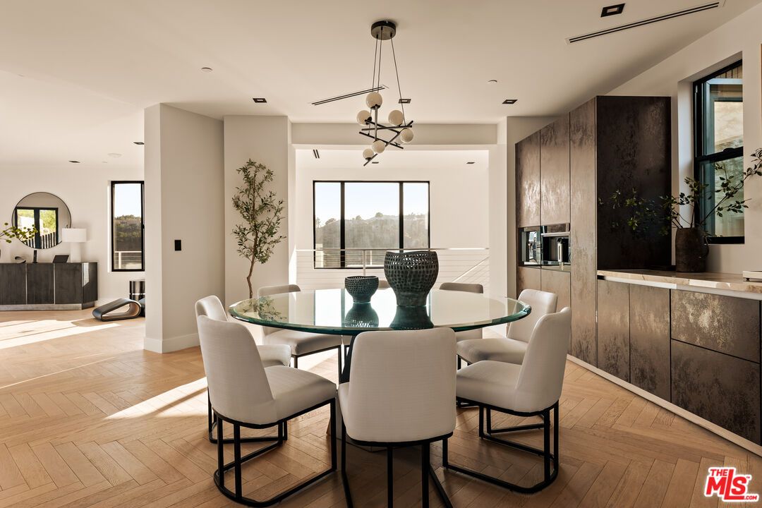 Dining room, Interior, Pendant Lights, Recessed Lighting, Wood Texture Flooring